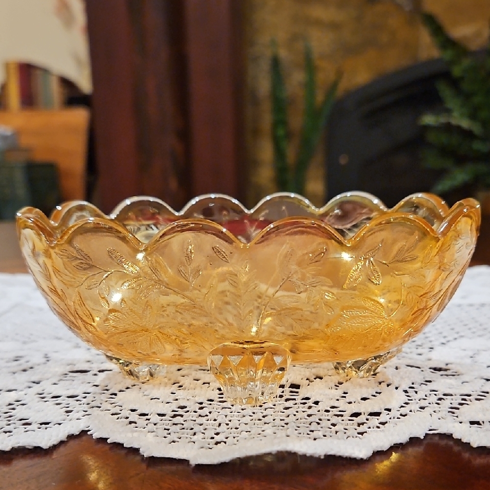 🔥 VTG 1950s Jeannette Glass Floragold Louisa Marigold Carnival Glass Dish